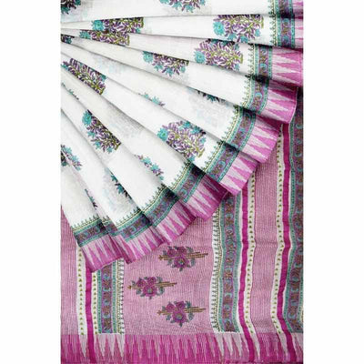 White Cotton Silk Screen Print Saree - SSEthnics