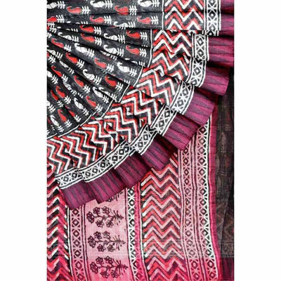 Black Cotton Silk Screen Print Saree - SSEthnics