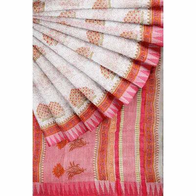 White Cotton Silk Screen Print Saree - SSEthnics