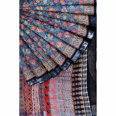 Green Linen by Cotton Screen Print Saree - SSEthnics