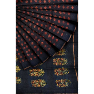 Moss Green Nandana Block Print Chanderi Silk Saree - SSEthnics