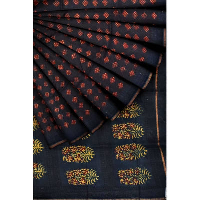 Moss Green Nandana Block Print Chanderi Silk Saree - SSEthnics