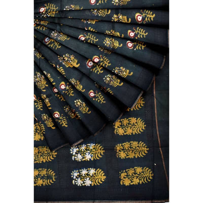 Moss Green Nandana Block Print Chanderi Silk Saree - SSEthnics