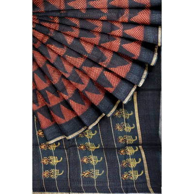 Moss Green Nandana Block Print Chanderi Silk Saree - SSEthnics