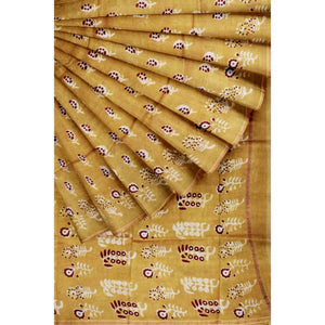 Yellow Nandana Block Print Chanderi Silk Saree - SSEthnics