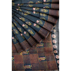 Moss Green Nandana Block Print Chanderi Silk Saree - SSEthnics