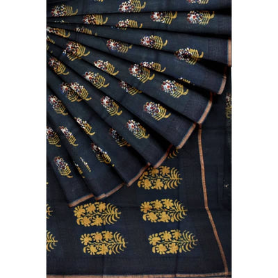 Moss Green Nandana Block Print Chanderi Silk Saree - SSEthnics
