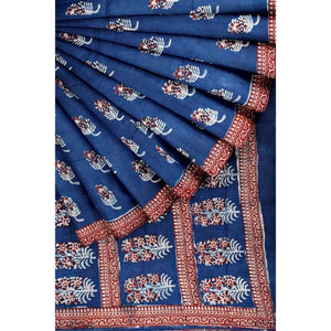 Indigo Nandana Block Print Chanderi Silk Saree - SSEthnics