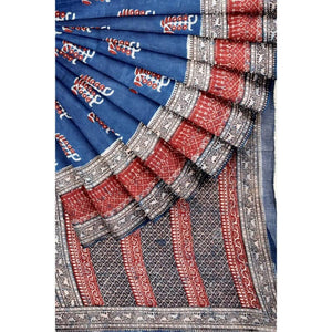 Indigo Nandana Block Print Chanderi Silk Saree - SSEthnics