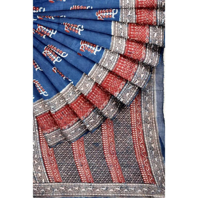 Indigo Nandana Block Print Chanderi Silk Saree - SSEthnics