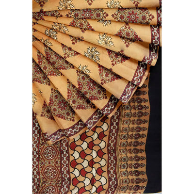Peach Ajrakh Modal Silk Saree - SSEthnics