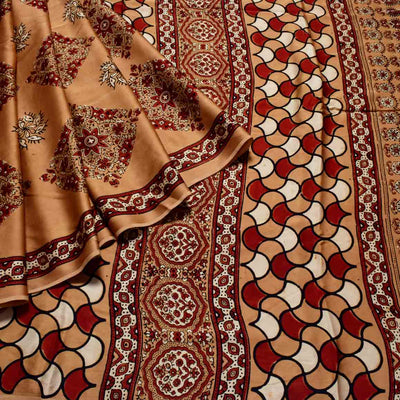Peach Ajrakh Modal Silk Saree - SSEthnics