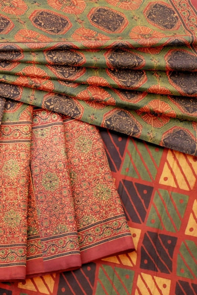 Madder Ajrakh Block Print Cotton Saree