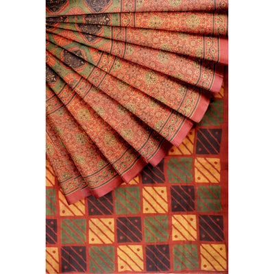 Madder Ajrakh Block Print Cotton Saree