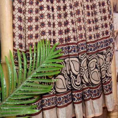 Cream Ajrakh Block Print Linen Saree - SSEthnics