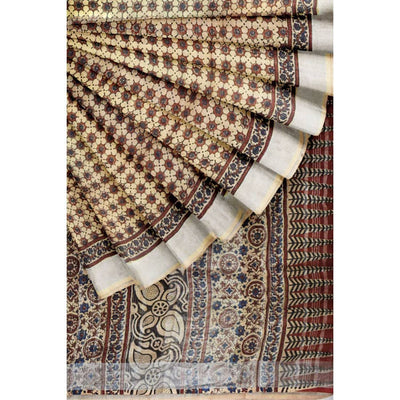 Cream Ajrakh Block Print Linen Saree - SSEthnics