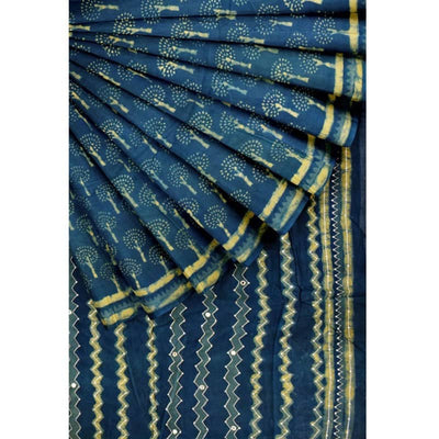 Indigo-Dabu Hand Embroidered Mul Cotton Saree - SSEthnics