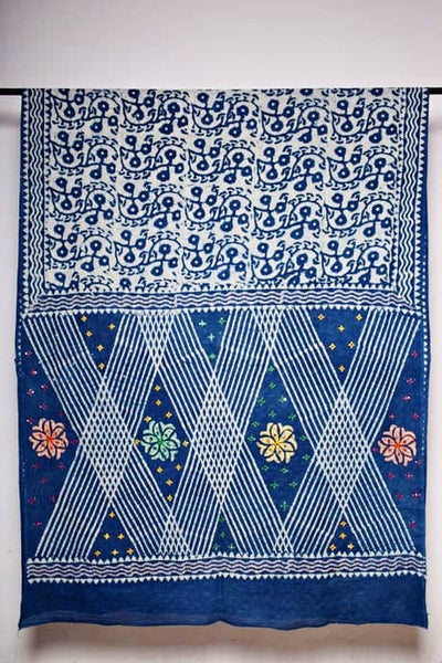 Indigo-Dabu Hand Embroidered Mul Cotton Saree - SSEthnics