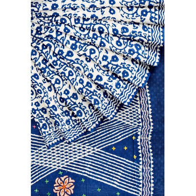Indigo-Dabu Hand Embroidered Mul Cotton Saree - SSEthnics