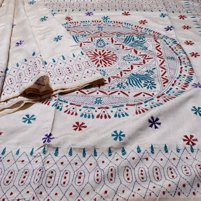 Designer White Cotton Silk Kantha Saree  - SSEthnics