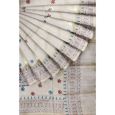 Designer White Cotton Silk Kantha Saree  - SSEthnics