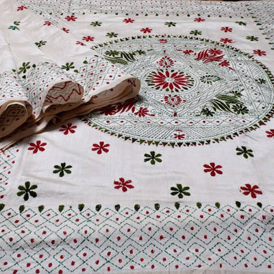Designer White Cotton Silk Kantha Saree - SSEthnics