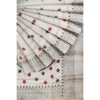 Designer White Cotton Silk Kantha Saree - SSEthnics