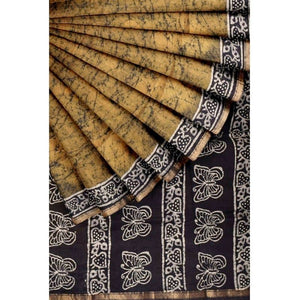 Mustard Yellow Batik Maheshwari Silk Saree - SSEthnics