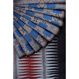 Indigo Ajrakh Block Print Cotton Saree