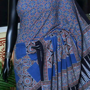 Indigo Ajrakh Block Print Cotton Saree