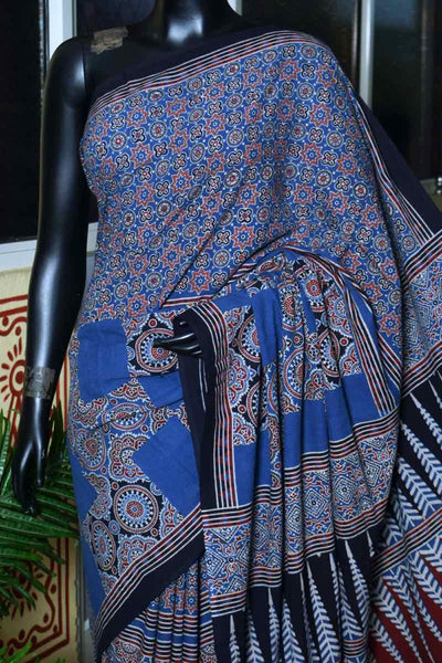 Indigo Ajrakh Block Print Cotton Saree