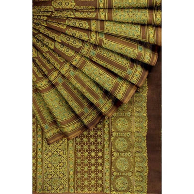 Olive Ajrakh Block Print Cotton Saree
