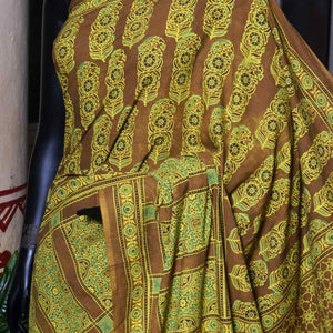 Olive Ajrakh Block Print Cotton Saree