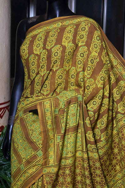 Olive Ajrakh Block Print Cotton Saree