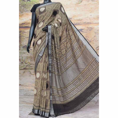 Chikoo Ajrakh Block Print Linen Saree - SSEthnics