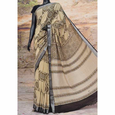 Pale Yellow Ajrakh Block Print Linen Saree - SSEthnics