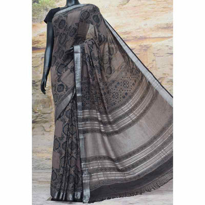 Grey Ajrakh Block Print Linen Saree - SSEthnics