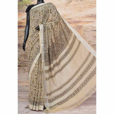 Pale Yellow Ajrakh Block Print Linen Saree - SSEthnics