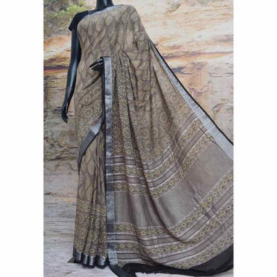 Chikoo Ajrakh Block Print Linen Saree - SSEthnics