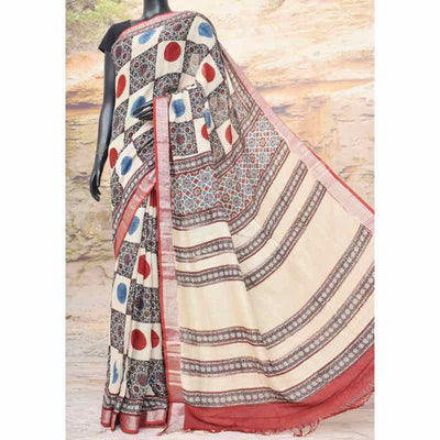 Cream Ajrakh Block Print Linen Saree - SSEthnics