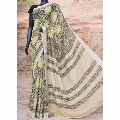 Pale Yellow Ajrakh Block Print Linen Saree - SSEthnics