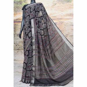 Black Ajrakh Block Print Linen Saree - SSEthnics