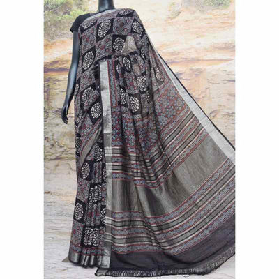 Black Ajrakh Block Print Linen Saree - SSEthnics