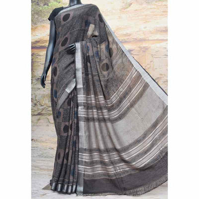 Grey Ajrakh Block Print Linen Saree - SSEthnics