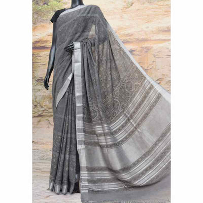 Grey Ajrakh Block Print Linen Saree - SSEthnics