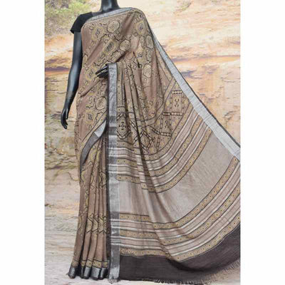 Chikoo Ajrakh Block Print Linen Saree - SSEthnics