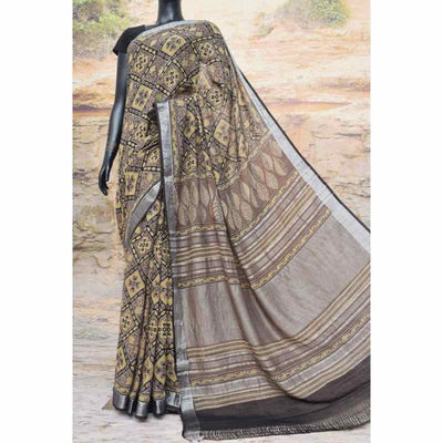 Chikoo Ajrakh Block Print Linen Saree - SSEthnics