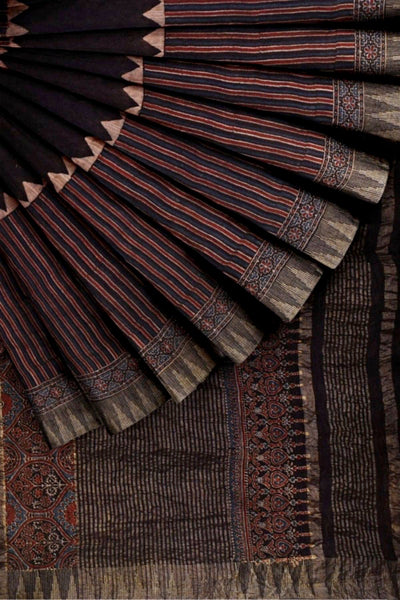 Black Special Ajrakh Cotton Silk Saree