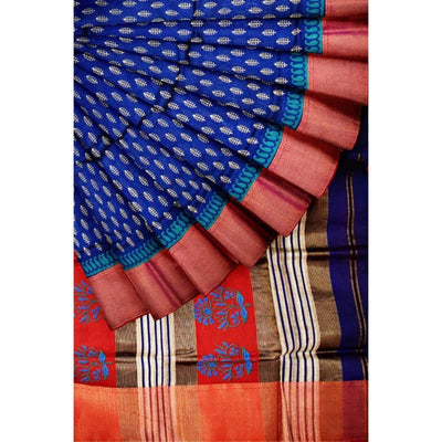 Royal Blue Handloom Maheshwari Silk Saree with Khari Block Prints - SSEthnics