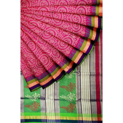 Pink Handloom Maheshwari Silk Saree with Khari Block Prints - SSEthnics